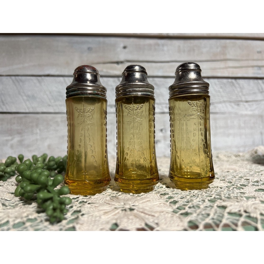 Yellow Depression Glass Salt & Pepper Shakers Madrid Pattern 3 pc